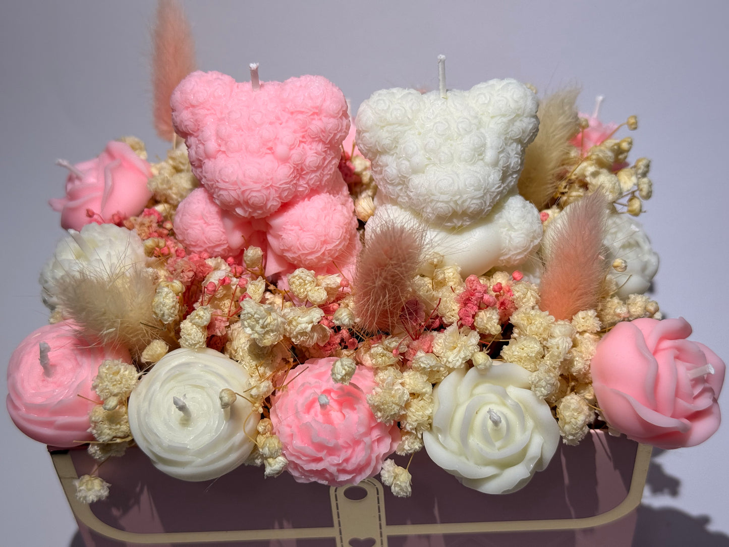 Valentinstag Handtasche Bärenpärchen Blumenkerzen Geschenkbox