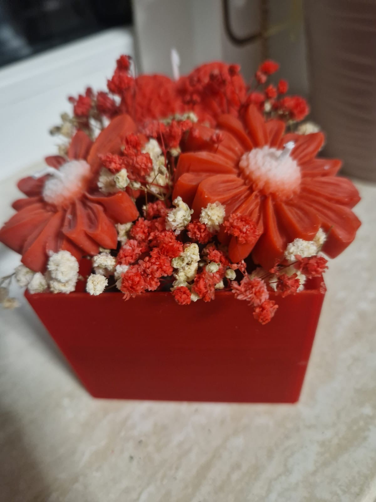 Kerzen Blumenstrauß Gesteck Herz Rot Muttertag