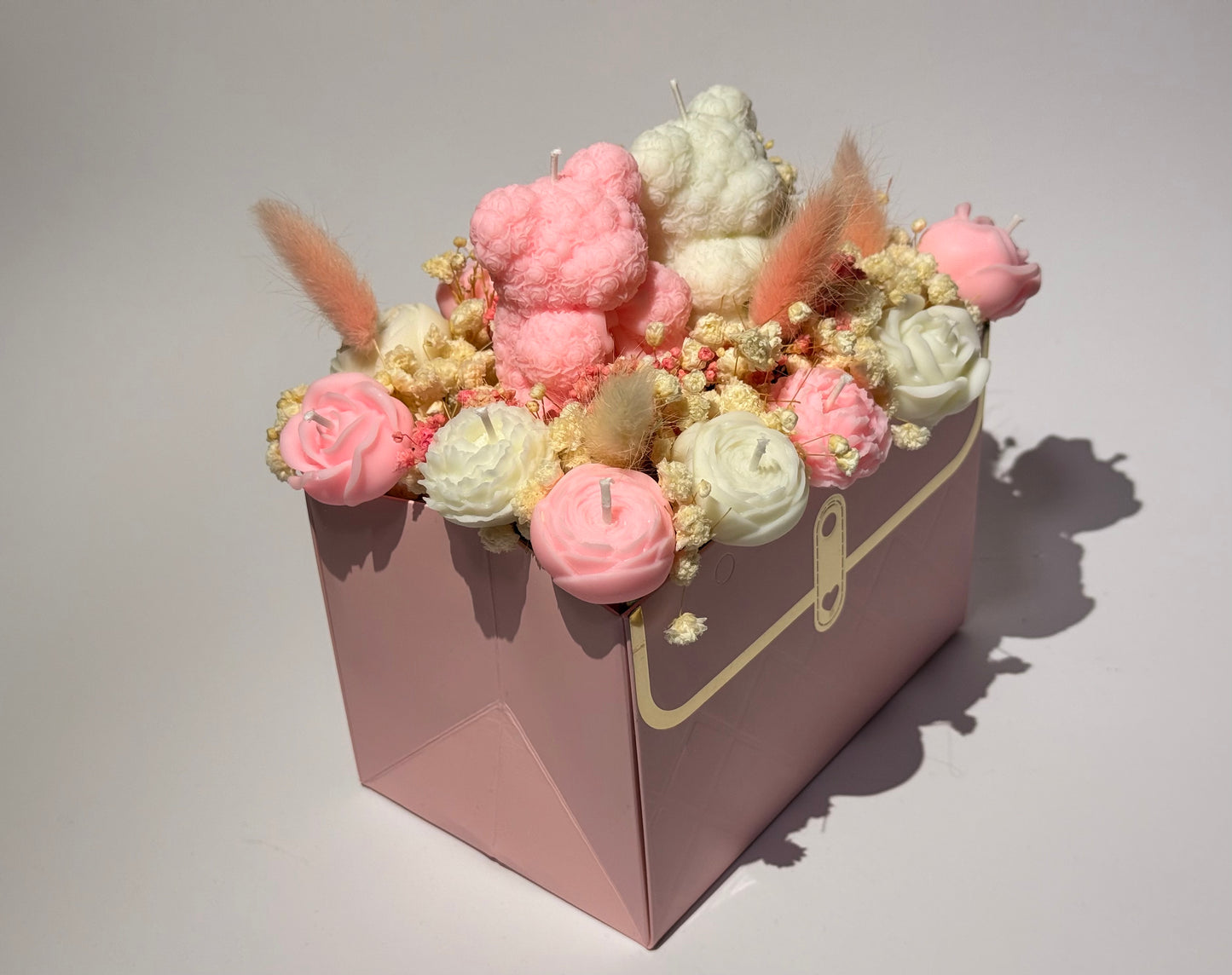 Valentinstag Handtasche Bärenpärchen Blumenkerzen Geschenkbox
