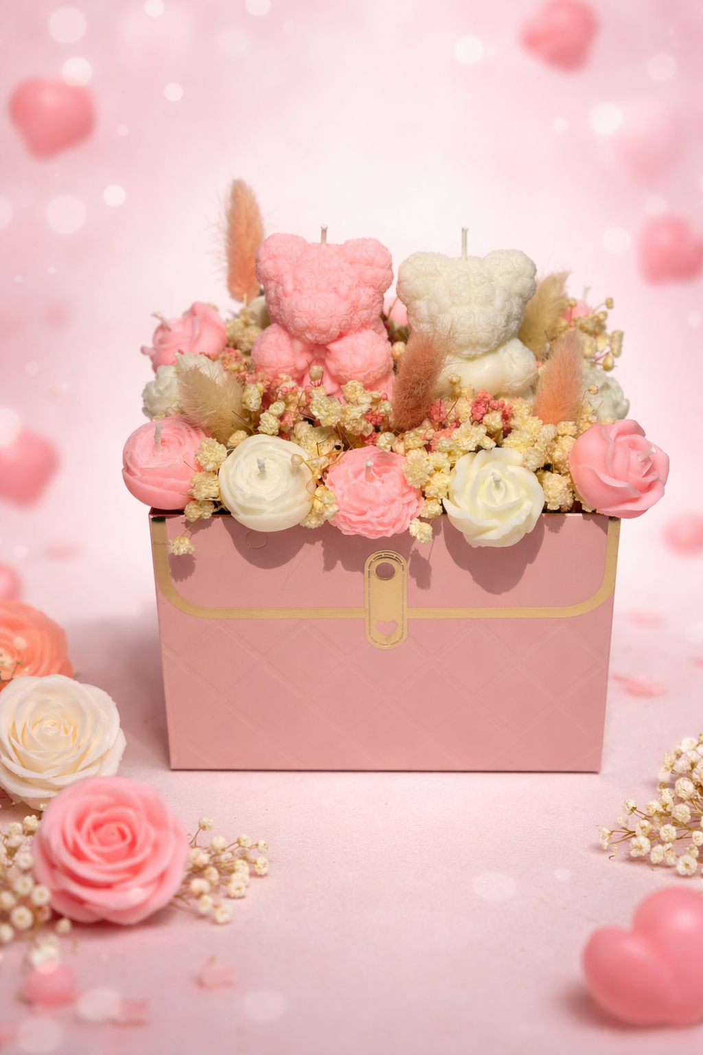 Valentinstag Handtasche Bärenpärchen Blumenkerzen Geschenkbox